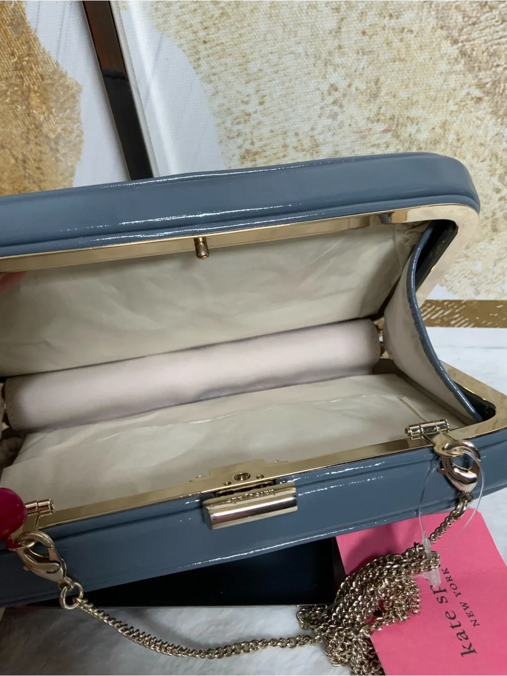 kate spade blue patent leather clutch with gold chain